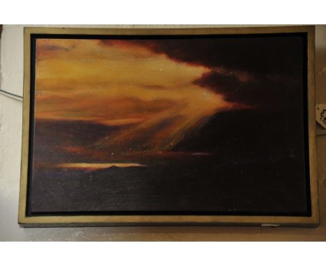 A small, framed contemporary oil painting entitled 'Before Twilight' depicting the changing light conditions over a silhouett
