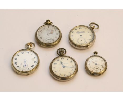 A collection of four button wind pocket watches together with a boxed Ingersoll Midget fob watch