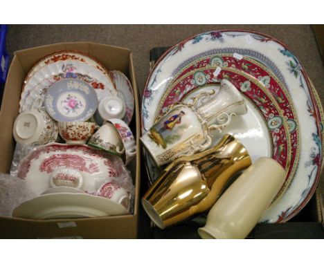 A collection of Victorian meat platters, a box of Spode ceramics, a Doulton vase and two others