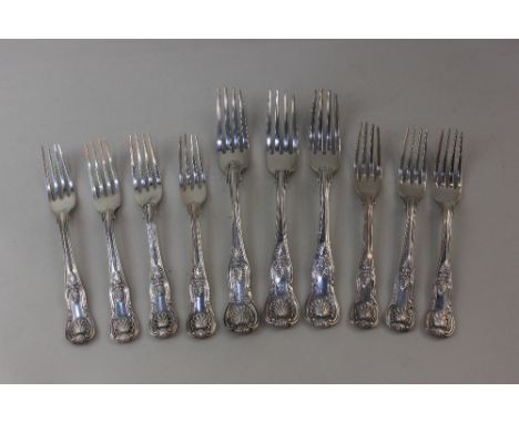 Seven Victorian silver Kings pattern dessert forks maker William Eaton London 1839, Two William IV Kings pattern table forks 