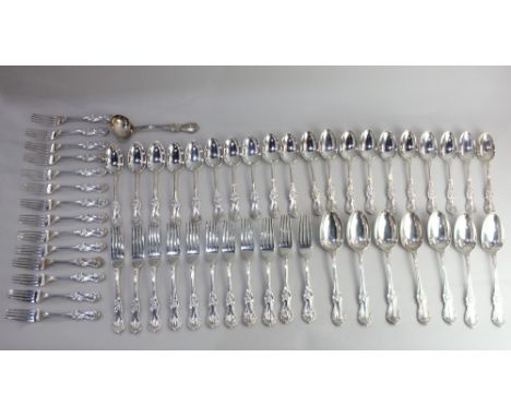 A Victorian forty-six piece silver part canteen of 'Rich Bead' or 'Prince of Wales' pattern cutlery by Frederick Elkington to