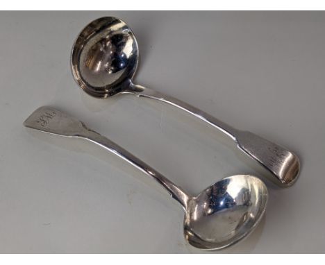 A George III silver Fiddle pattern sauce ladle with engraved initials, maker Edward Lees,1807 and a similar George IV sauce l