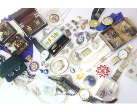 A collection of seven various wristwatches including Sekonda and Avia (a/f) and a small collection of costume jewellery to in