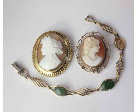 A 9ct gold and jade bracelet (one stone missing) a 9ct gold framed cameo brooch and another yellow metal framed cameo brooch