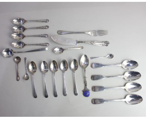 Three Victorian and a single George VI silver Fiddle pattern teaspoons, five George V silver coffee spoons, all with engraved