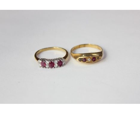 An 18ct gold ruby and diamond dress ring with three oval rubies and four alternate pairs of small diamonds on pierced mount a