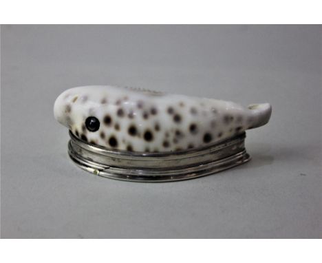 A white metal mounted shell snuff box with hinged lid engraved Thos.Hardy RN 9cm