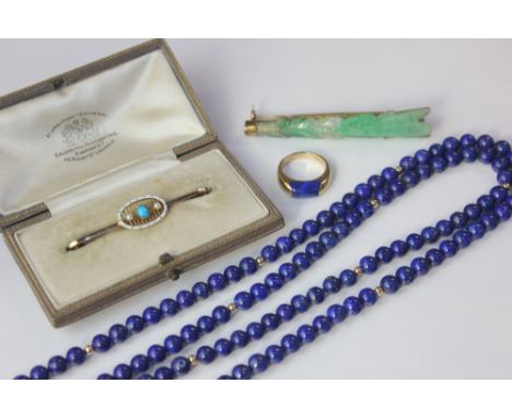 An 18ct gold and white enamel bar brooch set with a turquoise and two seed pearls in case, a gilt metal and jade brooch (a/f)