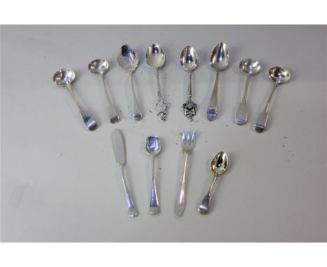 Four George III silver mustard spoons, four various teaspoons, two cruets spoons, small pickle fork, and a butter spoon (12) 