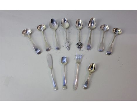 Four George III silver mustard spoons, four various teaspoons, two cruets spoons, small pickle fork, and a butter spoon (12) 