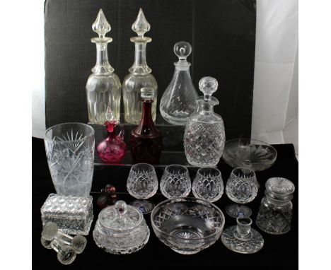 A quantity of vintage and later glass to include bowls, vases, decanters, a boxed set of four Stewart Crystal brandy glasses,