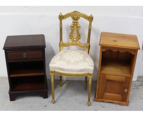 A pine bedside cabinet with storage over one small drawer on plinth base, a mahogany bedside cabinet with one frieze drawer o