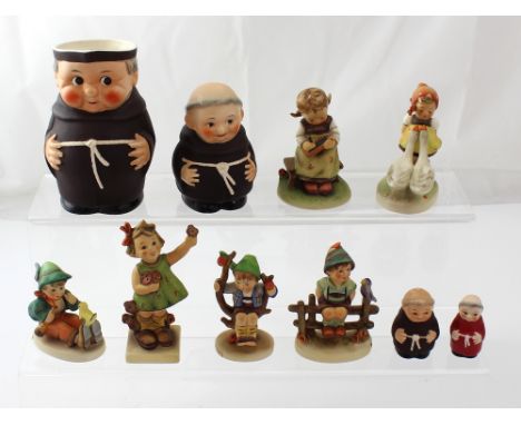 Ten Hummel figures to include a large character-style monk jug, a monk figure and a pepper pot modelled as a monk, a young gi
