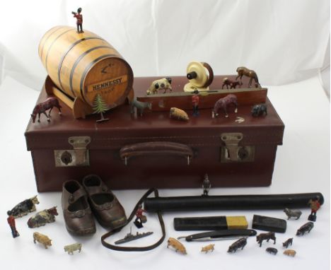 A collectors' lot to include a pair of vintage leather and wooden clogs with brass toe guards, a Hennessey VSOP barrel bottle