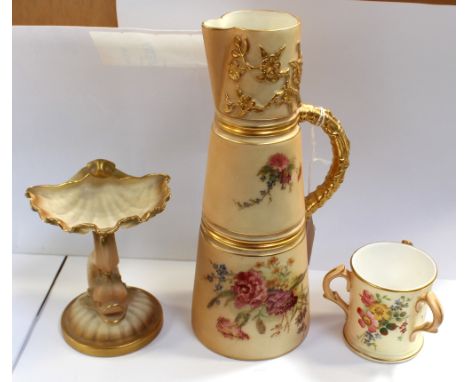 Royal Worcester; a blush ivory three-section jug, hand-painted with flora and gilt-heightened, puce mark to base, height 20cm