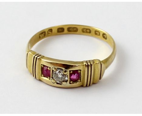 A 22ct diamond and pink sapphire three-stone ring, size N, approx 2.5g.