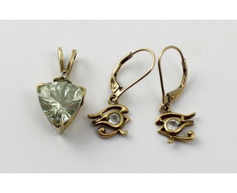 A 9ct gold amethyst and white topaz pendant and a pair of 9ct gold drop earrings with white sapphires, approx combined 3.5g, 