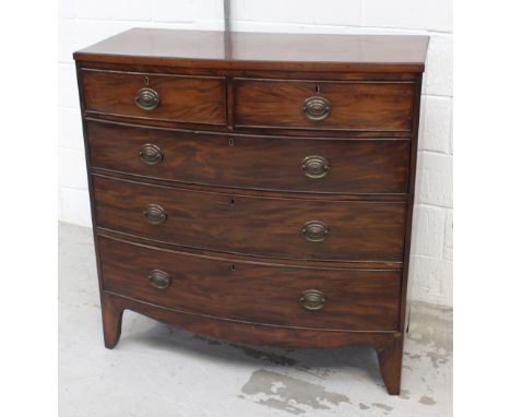 A Victorian mahogany bow-front two-over-three chest of drawers to curved plinth and splayed supports, 104 x 101cm.