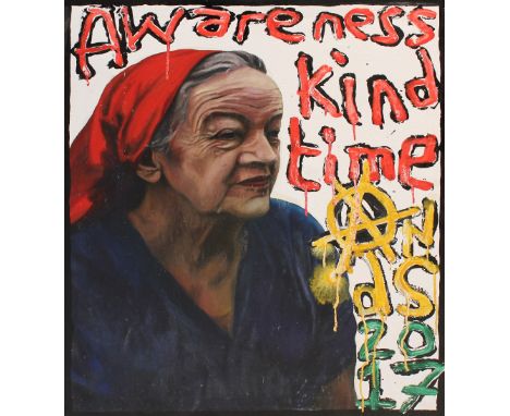TERENCE O'CONNAGHAN (21ST CENTURY); acrylic on canvas 'Awareness Kind Time', depicting aging lady in red head scarf with  'An