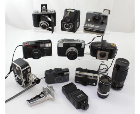 A collection of vintage and later camera equipment to include an Ensign Selflix 1620, a Yashica camera, a Paillard Bolex cine