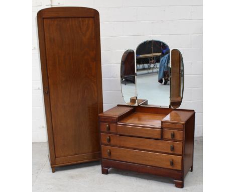 A contemporary mahogany hall robe, single door to block supports, height 180cm and a mid-20th century oak triple mirror back 