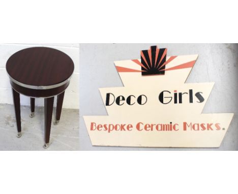 A contemporary Art Deco style sign, 'Deco Girls Bespoke Ceramic Masks' and a small Art Deco style stool (2).