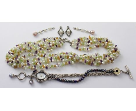 A freshwater pearl and multi-gem necklace, with certificate, a pair of pearl drop earrings, a silver pearl, hematite and amet