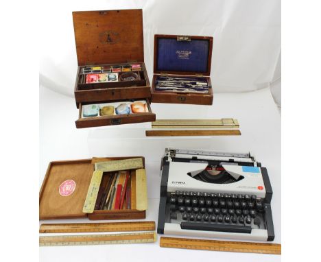 A vintage Reeves & Sons watercolour paint box with porcelain mixing palette, brushes and water pot, assorted geometry equipme