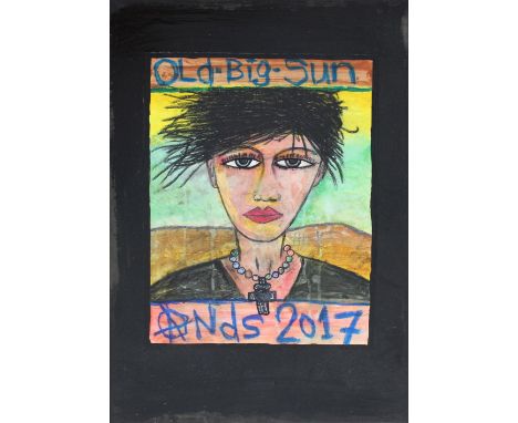TERENCE O'CONNAGHAN (21ST CENTURY); mixed media on canvas 'Old Big Sun', portrait of woman wearing crucifix, marked 'Anz 2017