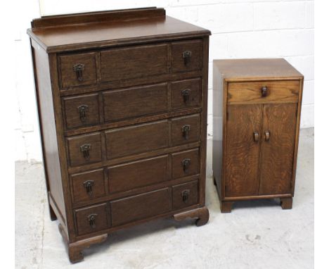 A c1930s oak bedside cabinet, one frieze drawer over two cupboard doors on block supports and a non-matching oak five-drawer 