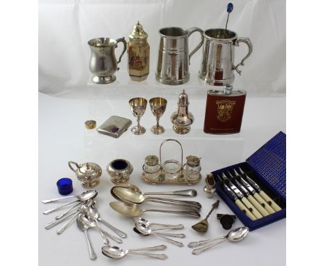 A quantity of plated ware and pewter to include a ceramic sifter, salts, pepper pots, tea spoons etc.