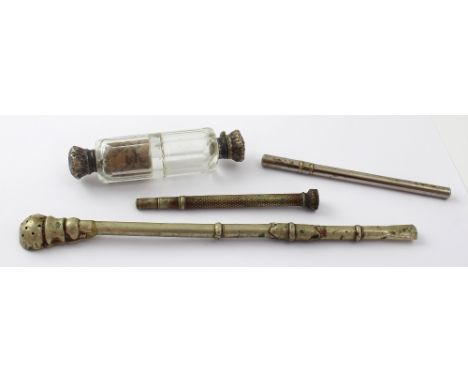 A silver-topped double-ended scent bottle, a nickel silver bombilla straw, a silver-plated metamorphic pen with peace dove se