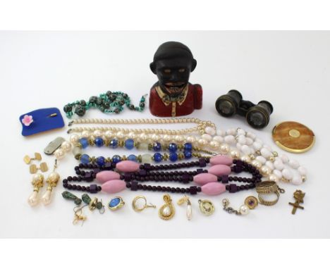 A quantity of vintage costume jewellery, mainly necklaces, earrings etc, a pair of yellow metal cufflinks, marked 12ct front 