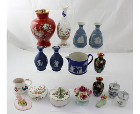 A quantity of Wedgwood pale blue and dark blue Jasperware, an Aynsley, 'Cottage Garden' vase and trinket pot, a Villeroy Bosc