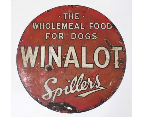 A vintage enamel shop advertising sign, 'The Wholemeal Food For Dogs, Winalot Spillers', diameter 66cm.