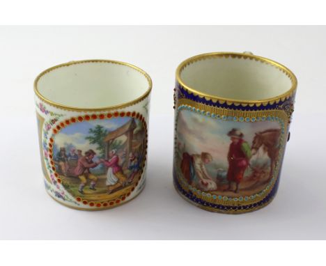 Two Sèvres coffee cans; one with hand-painted reserve of figural landscape of gentleman with horse and washerwoman by a river