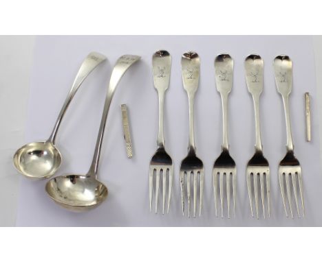 A small collection of silver flatware to include five Irish silver starter forks, a London silver sauce ladle, a Victorian si