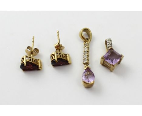 Two 9ct gold pendants; a drop pendant with amethyst and white topaz and a diamond-shaped pendant with amethyst and diamonds a