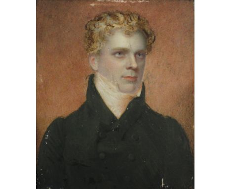 UNATTRIBUTED; 19th century portrait miniature on ivory, a young man, black jacket, high neck shirt and cravat, 9.5 x 9vm, fra