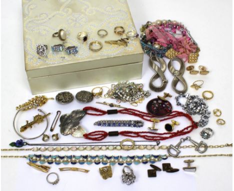 A satin and sequined jewellery box containing a quantity of vintage and contemporary costume jewellery to include various yel