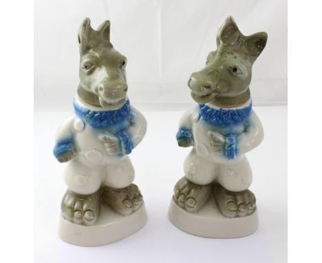 A pair of ceramic Jim Bean whisky decanters in the form of donkeys, marked to base, 'Creation of James B Beam Distilling Comp