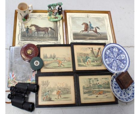 A small collectors' lot to include two late 19th/early 20th century plates, one a Delft example, a Staffordshire figural grou