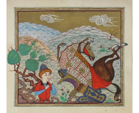 A fine Moghul style watercolour of a dismounted rider and horse, with bow and quiver to the foreground, mountainous landscape