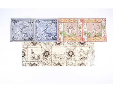 A pair of 19th century ceramic tiles in the Aesthetic Movement taste, decorated with fish on a blue ground, 15.5 cm square, t