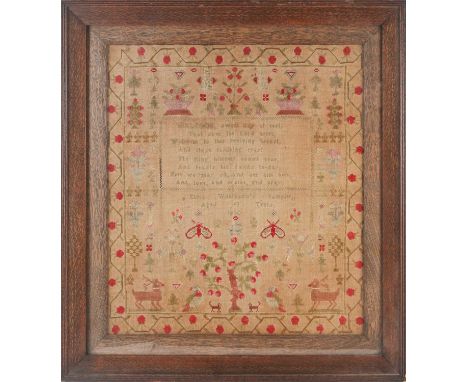 A George IV needlework sampler, completed in 1830 by Eliza Wilkinson, typically embroidered with verse within a geometric fol