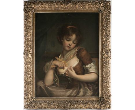 Manner of Jean-Baptiste Greuze (1725-1805), a late 19th or early 20th century portrait of a young woman with a cockatoo, oil 