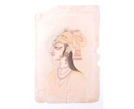 An Indian, Kishangarh school watercolour profile portrait of a lady with a jewel set and peacock feather mounted turban, Prob