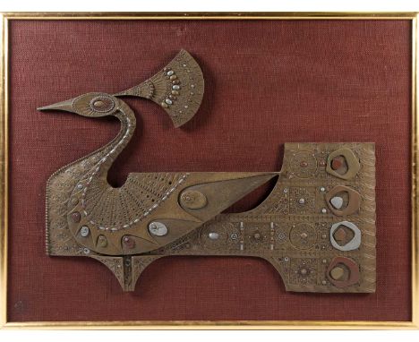 Giovanni Schoeman (1940-1981) South African, a mixed metal sculpture of a peacock mounted to a textile board, frame size 80cm