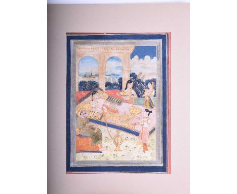 Indian school, 18th century,Maharani reclining on charpoy with huqqa, with Maharaja and attendants, gouache and gilt leaf, wi