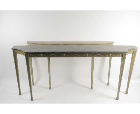 A Geo IV style, early 20th century shallow concave ended breakfront, console table with simulated green faux marble top and t